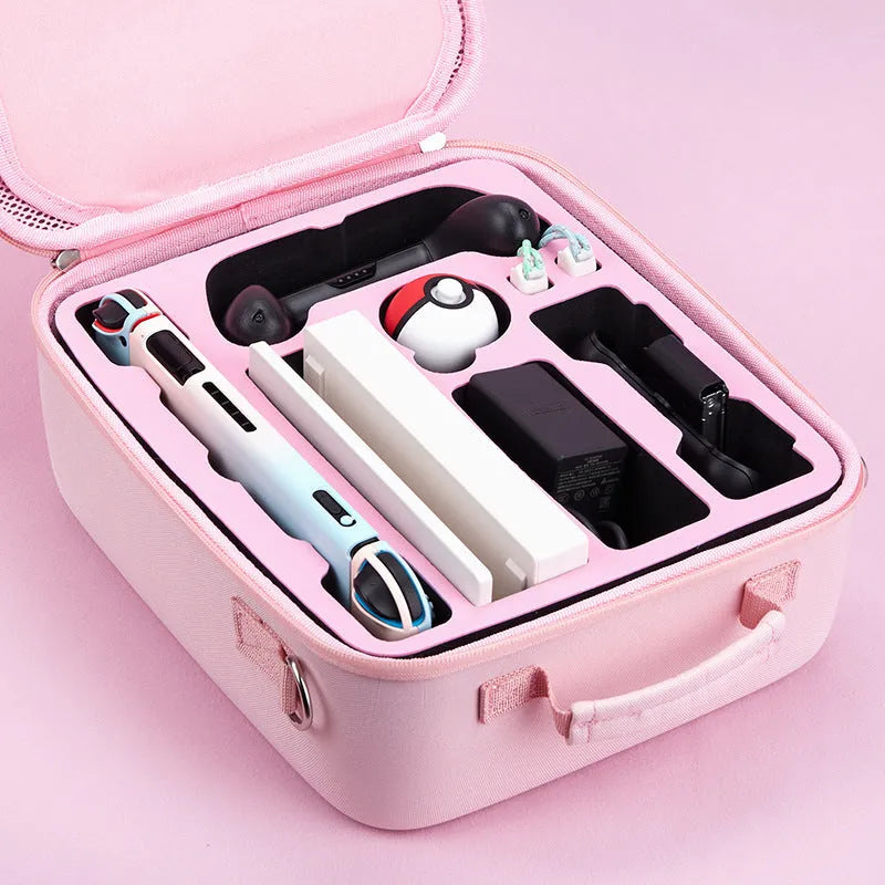 Pink Nintendo Switch storage bag with carry strap, holding game cartridges.