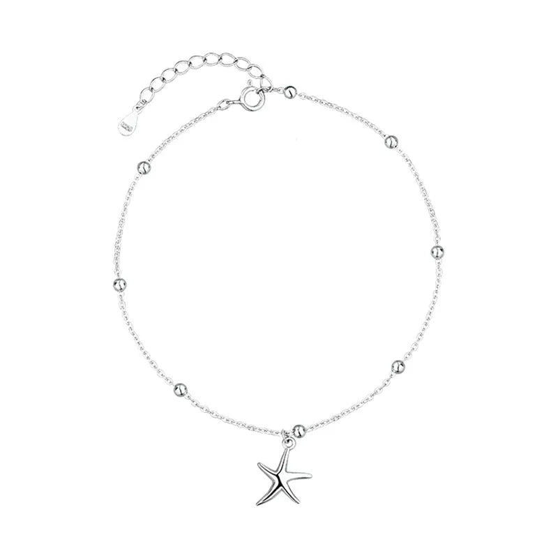 S925 sterling silver women's anklet with round beads and starfish charm