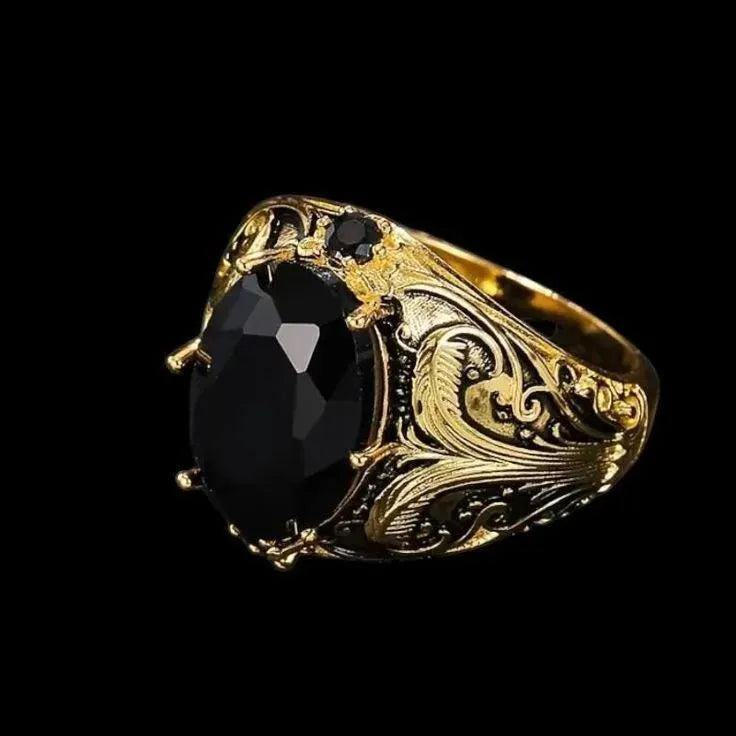 Men's geometric wide face ring with imitation ink colour gem, silver alloy finish, size No 10