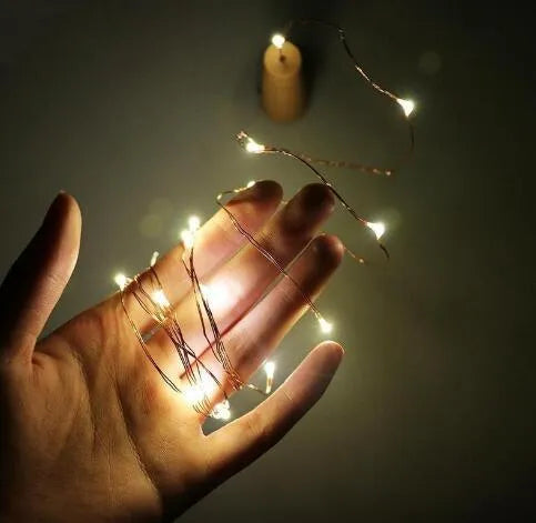 Silver wire LED string lights wrapped around wine bottle with warm white illumination