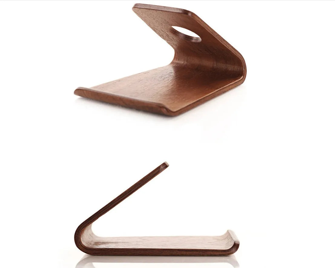 Wooden stand compatible with Apple iPhone in Walnut and White Maple finish on desk