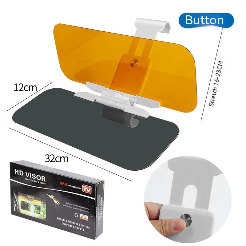 Universal anti-high beam car sun visor with acrylic lens shown in colour box packaging.