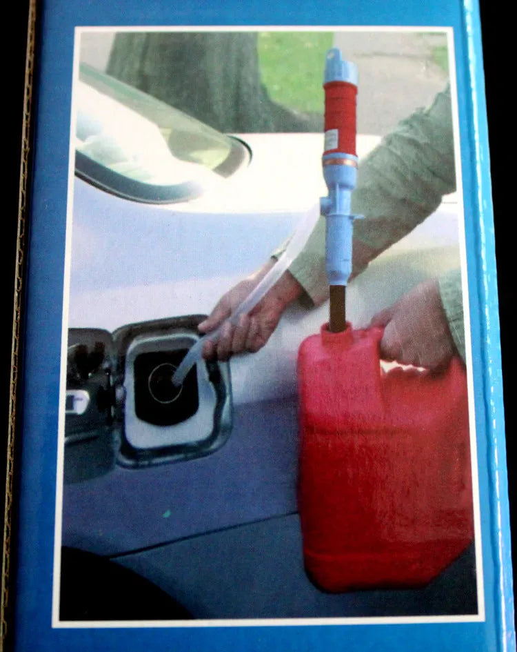 Blue manual hand pump for fuel and oil transfer with hoses