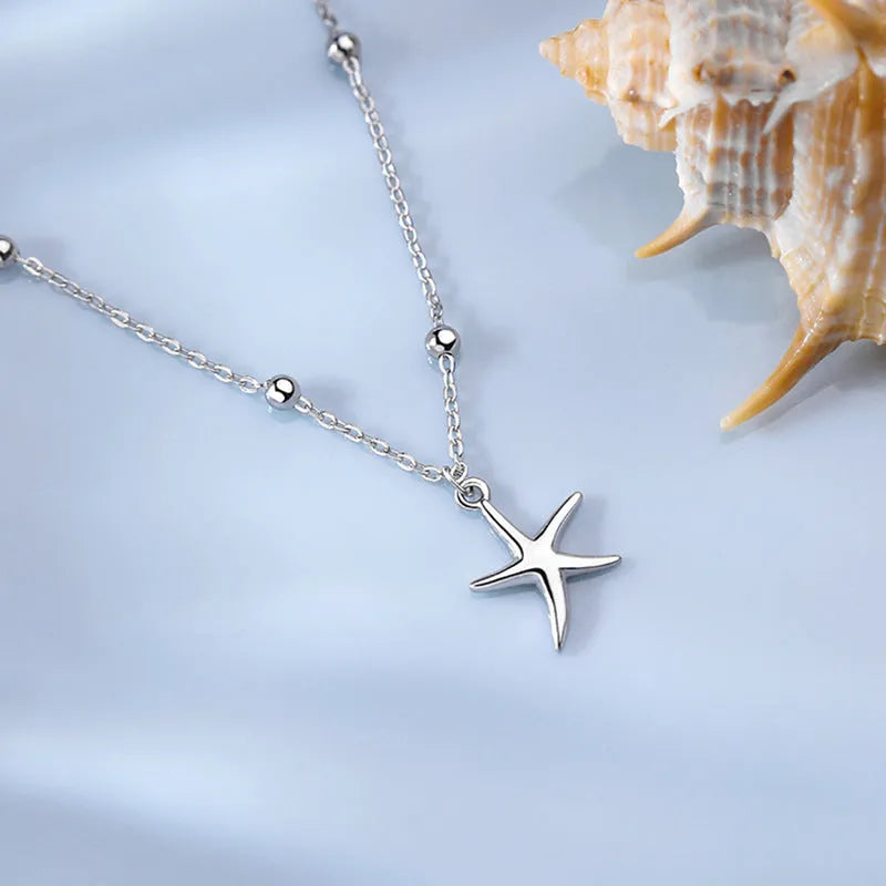 S925 sterling silver women's anklet with round beads and starfish charm