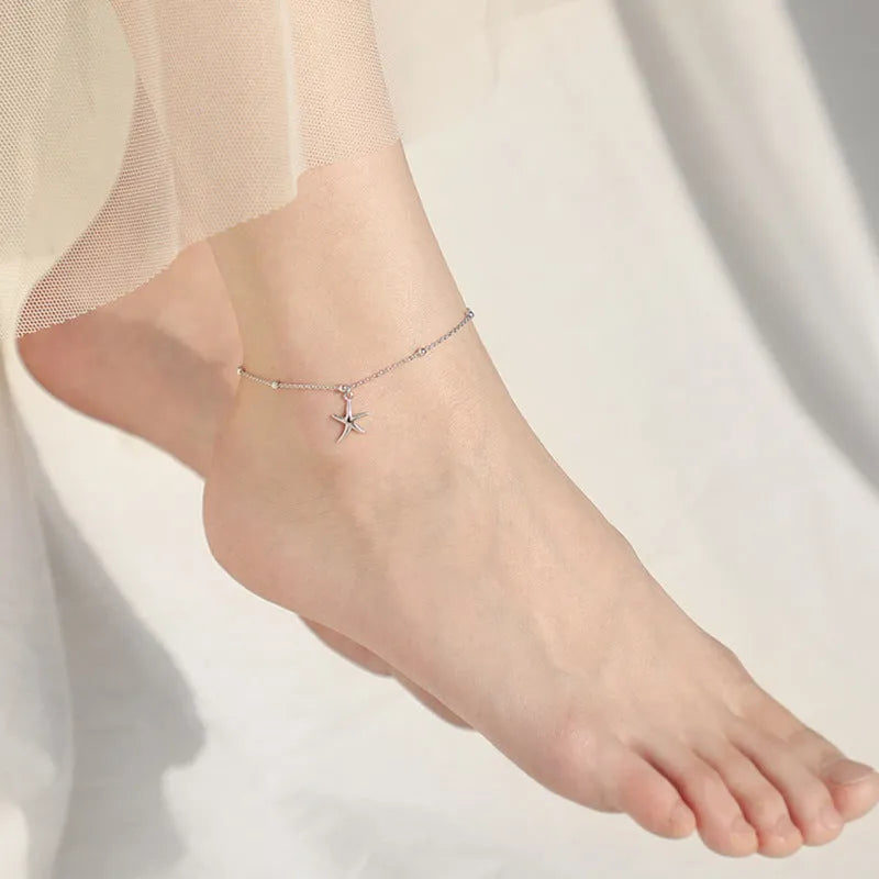 S925 sterling silver women's anklet with round beads and starfish charm