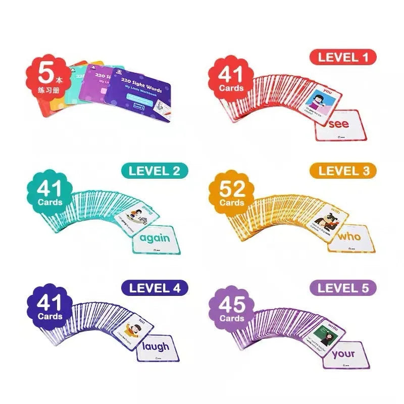 220 High Frequency Word Gift Box Set showing coated paper flashcards and interactive workbooks for children's English education