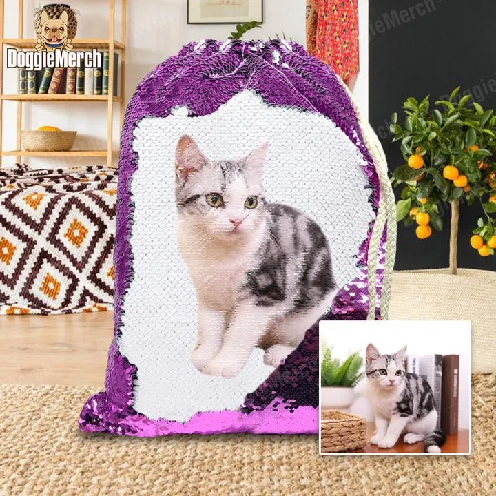 Custom purple glitter backpack with a printed dog photo and drawstring opening