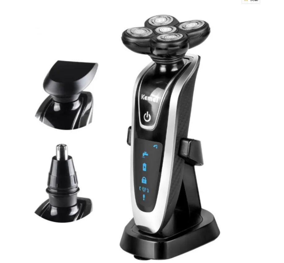 Smart rechargeable razor with ABS body, corner cutter head, nose hair trimmer, charging base, and carrying bag