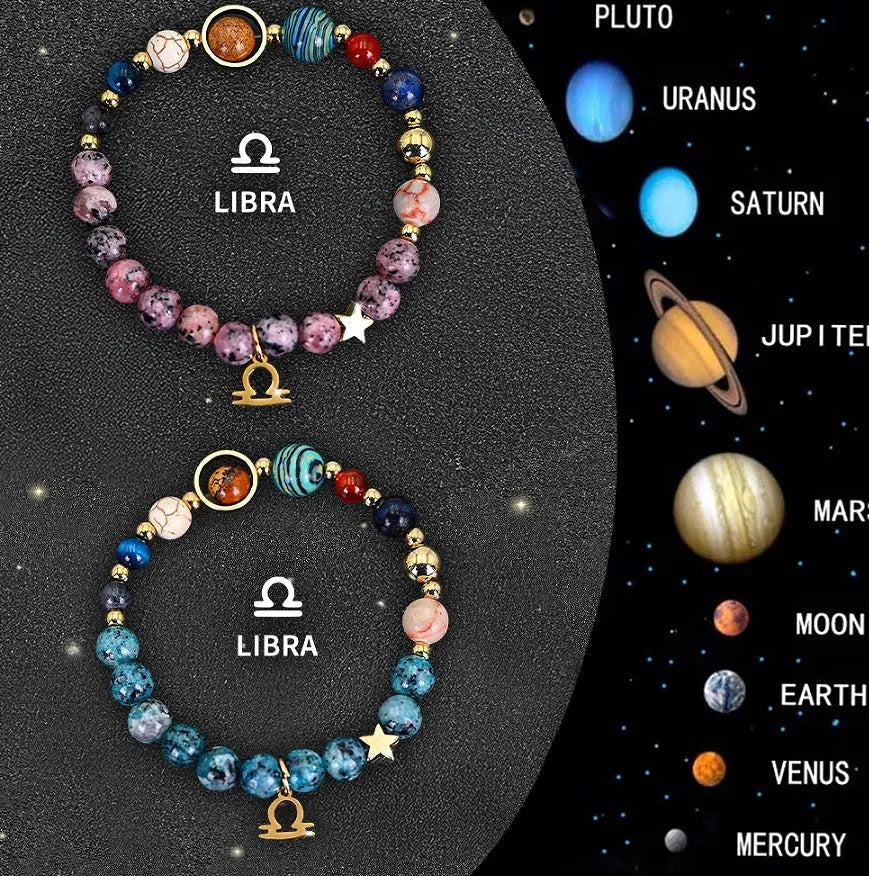 Two natural stone beaded bracelets with zodiac sign designs on a wooden surface