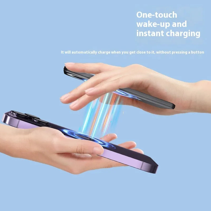 Ultra-thin magnetic power bank with alloy shell in dark grey colour showing compact dimensions