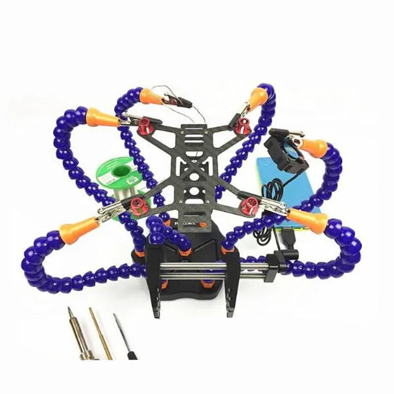 Black aluminium six-jaw welding station with seven adjustable arms for model repair soldering