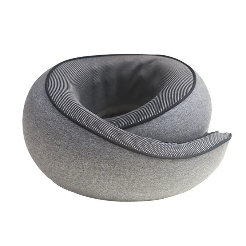 U-shaped memory foam travel neck pillow in grey with a storage bag.