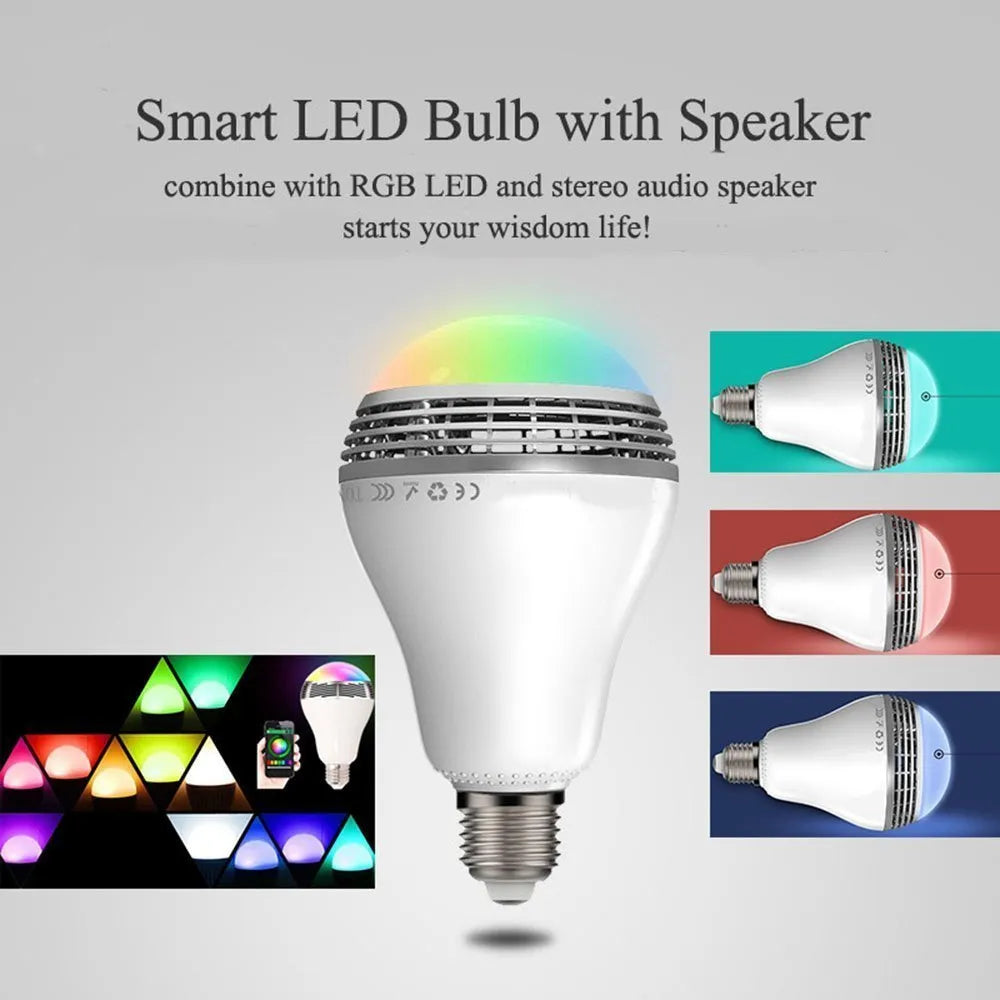 Smart LED bulb with integrated Bluetooth speaker for E27 lamp holders, showing colour-changing RGB light.