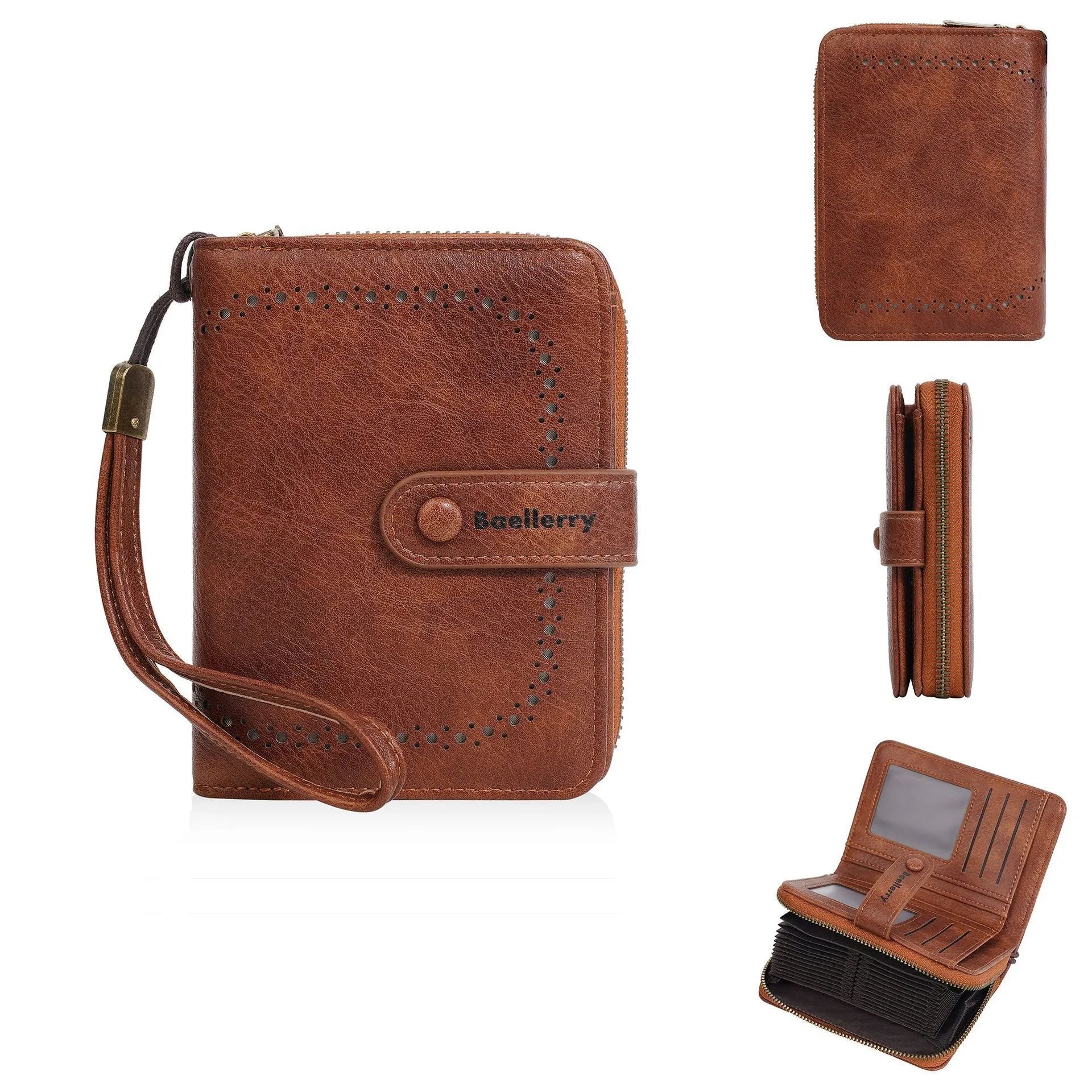 Women's black PU leather zipper coin purse with integrated card wallet showing secure closure