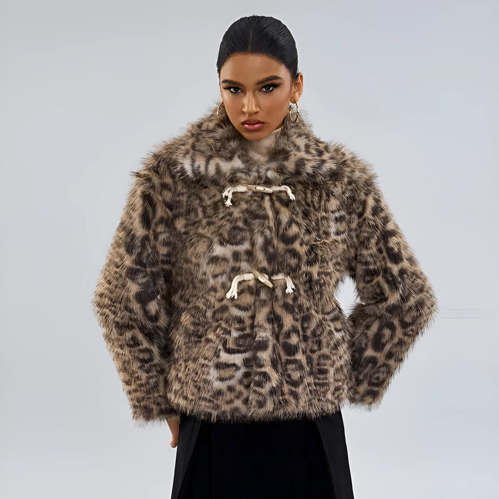 Leopard print women's coat with buckle lapel fastening in street fashion style