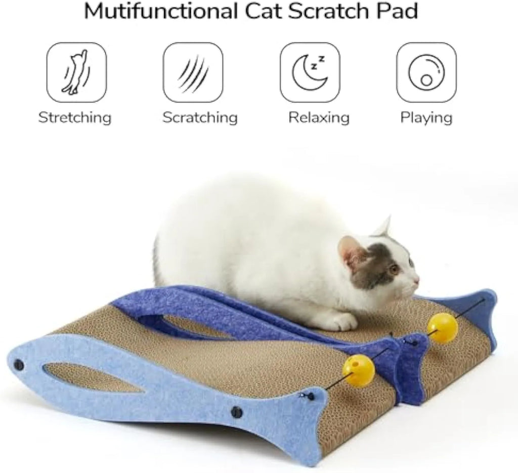 Blue fish-shaped cardboard cat scratcher lounge with bell ball toys for indoor cats