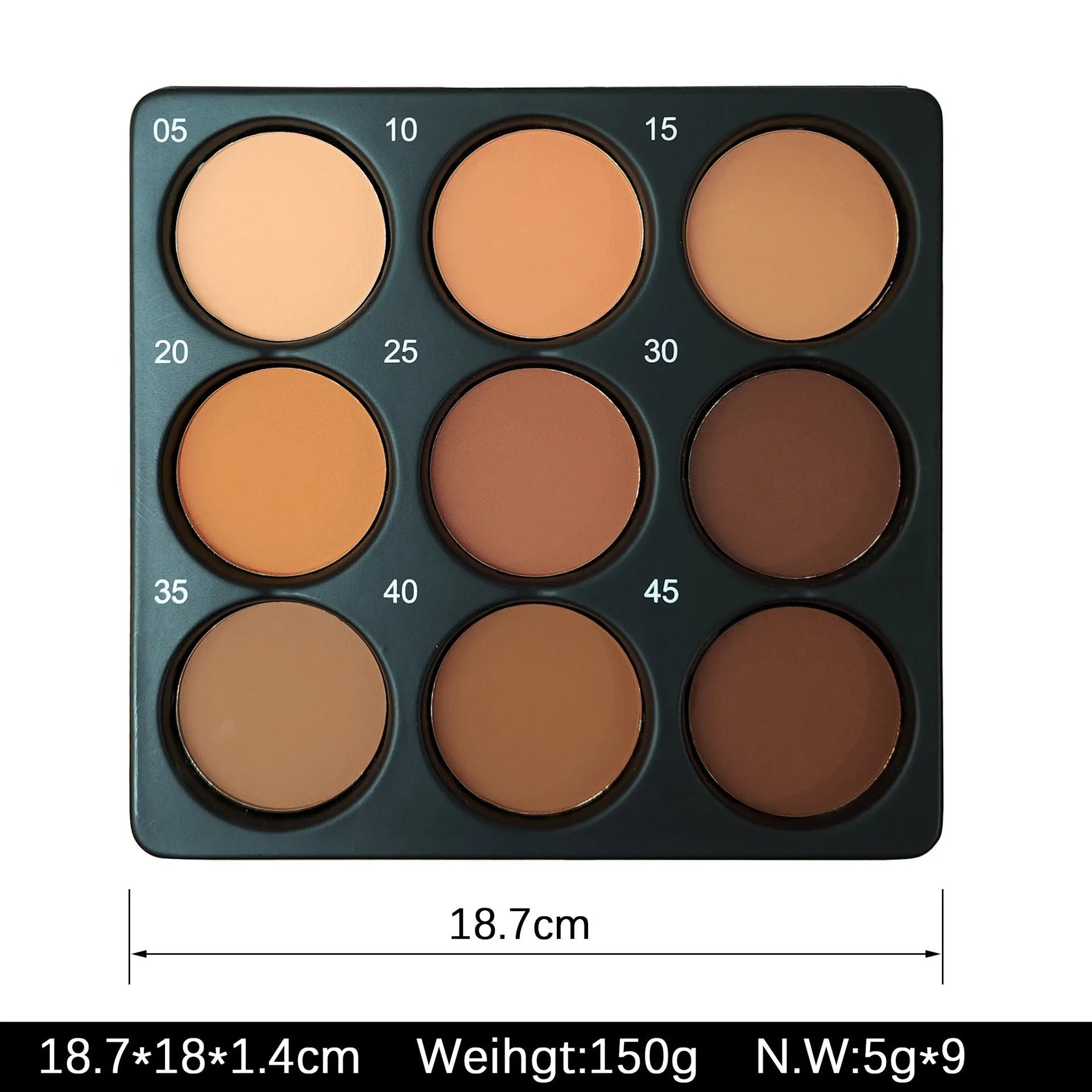 Dark matte makeup palette showing nine earthy colours with compact case and repair disk