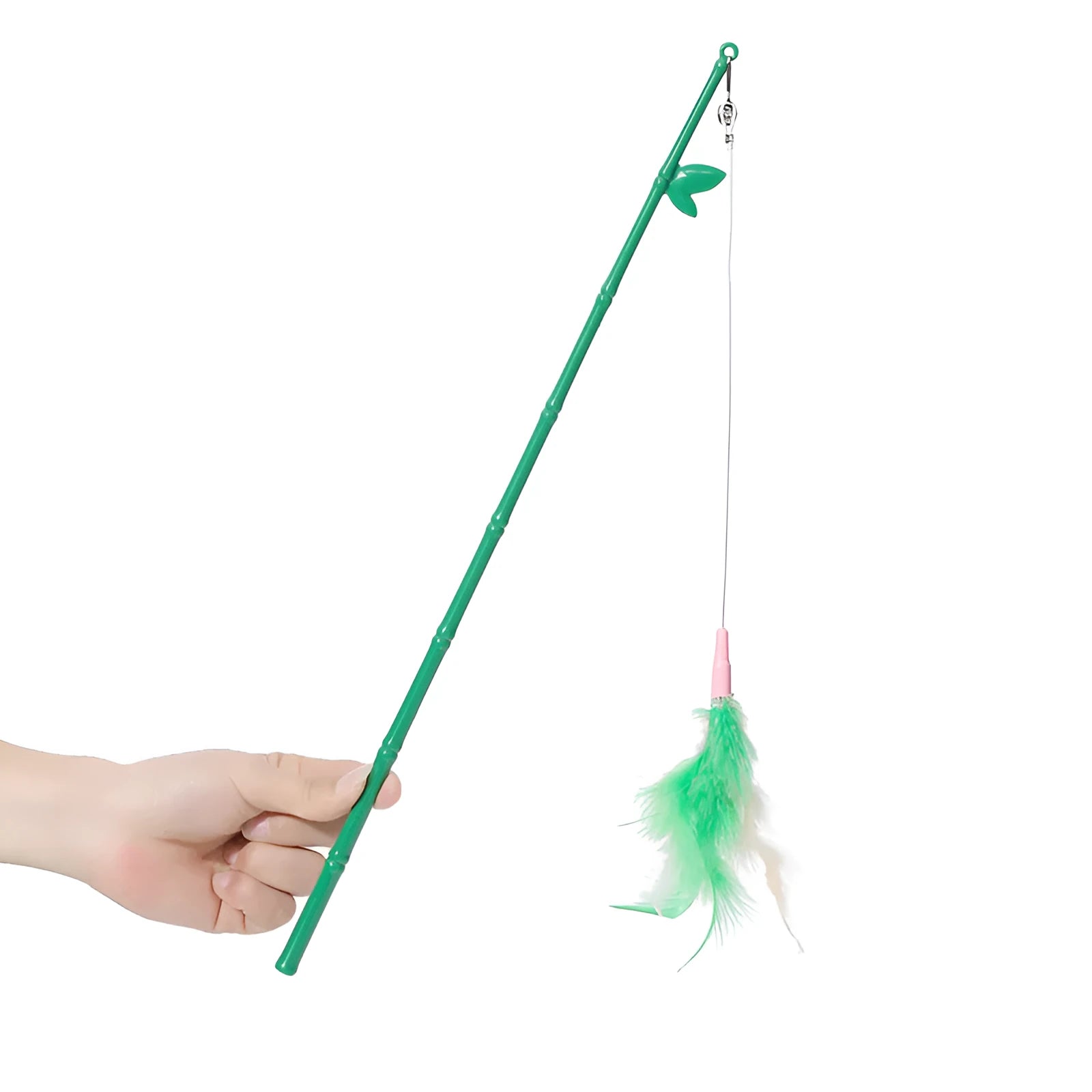 Green interactive cat feather wand toy with bells on a light background