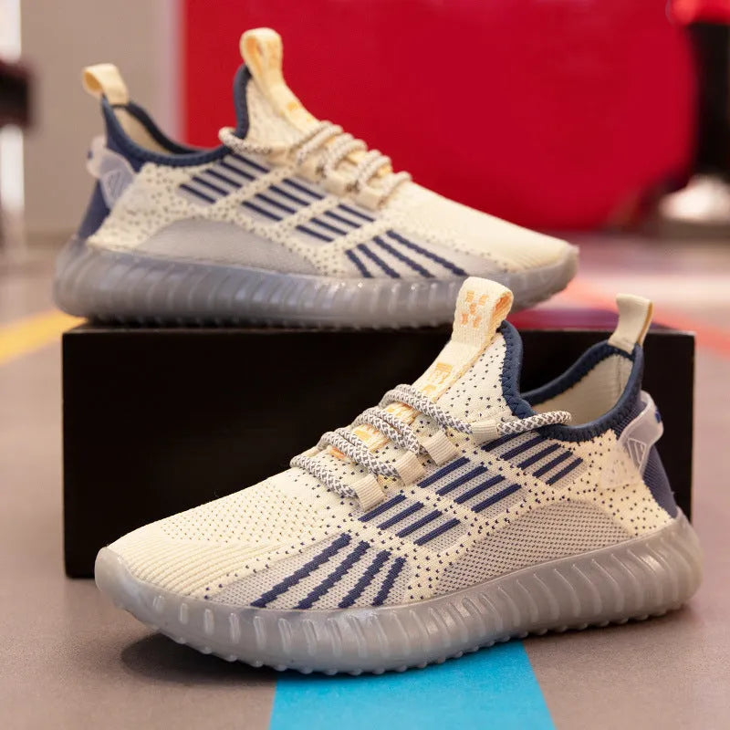 Men's white breathable sports shoes with mesh lining and platform heel on grey background