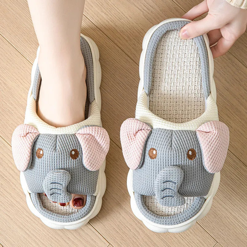 Elephant gray linen open toe couples slippers with PVC sole and EVA midsole on a neutral background