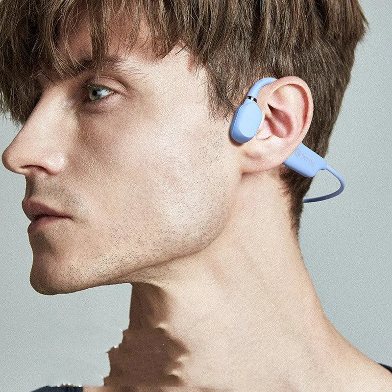 Bone conduction Bluetooth headset with a hanging neckband, shown in one of six colour options.