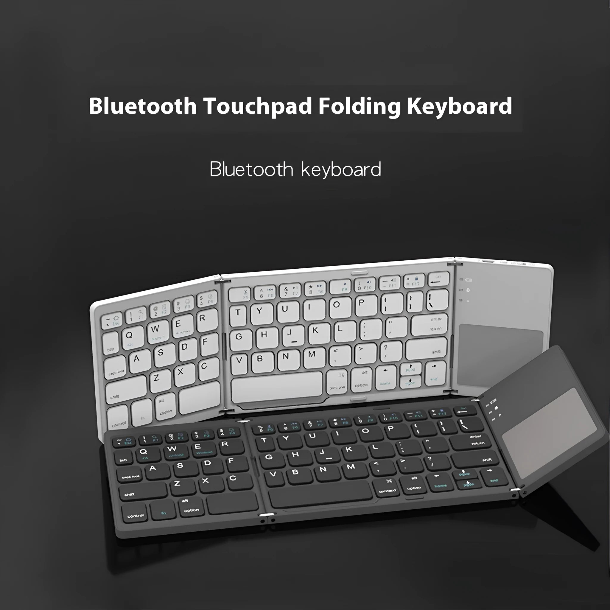 Black tri-fold Bluetooth keyboard shown open next to a tablet and folded in hand.