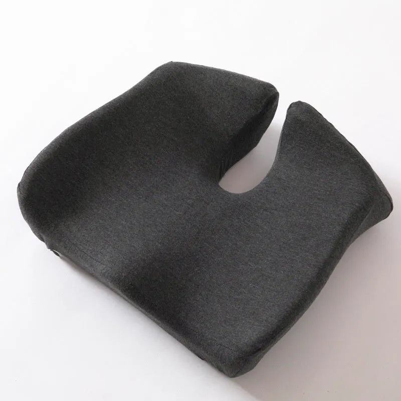 Memory foam office chair cushion showing dark grey polyester cover on office chair