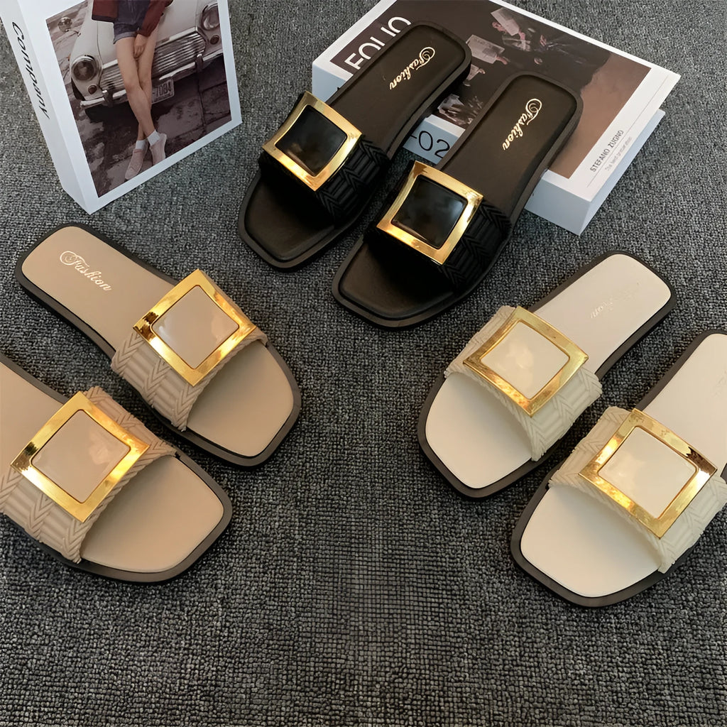 Women's apricot-coloured casual flat slippers with a textured PVC sole.