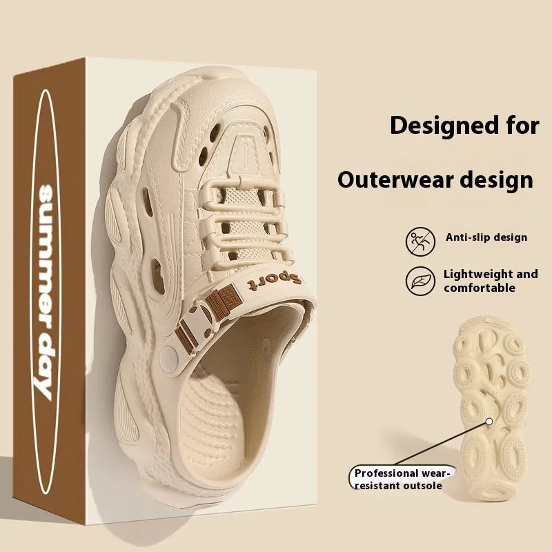 Men's khaki outdoor summer slippers with hollow-out breathable design and textured EVA sole