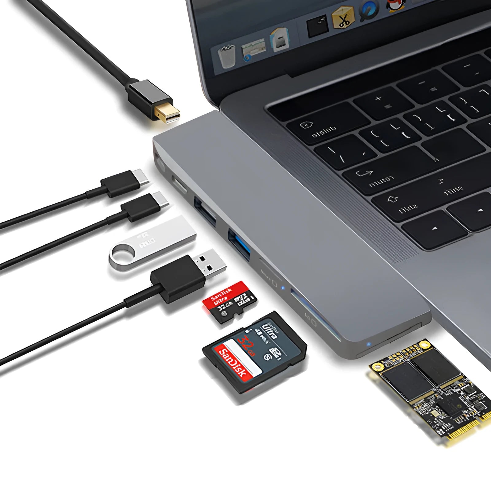 8-in-1 USB-C hub conversion head for MacBook Pro with multiple interface ports