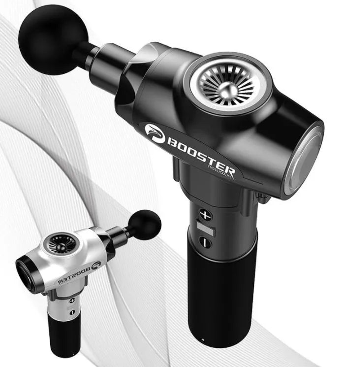 Black and white muscle massage gun with lithium battery showing 12mm stroke depth
