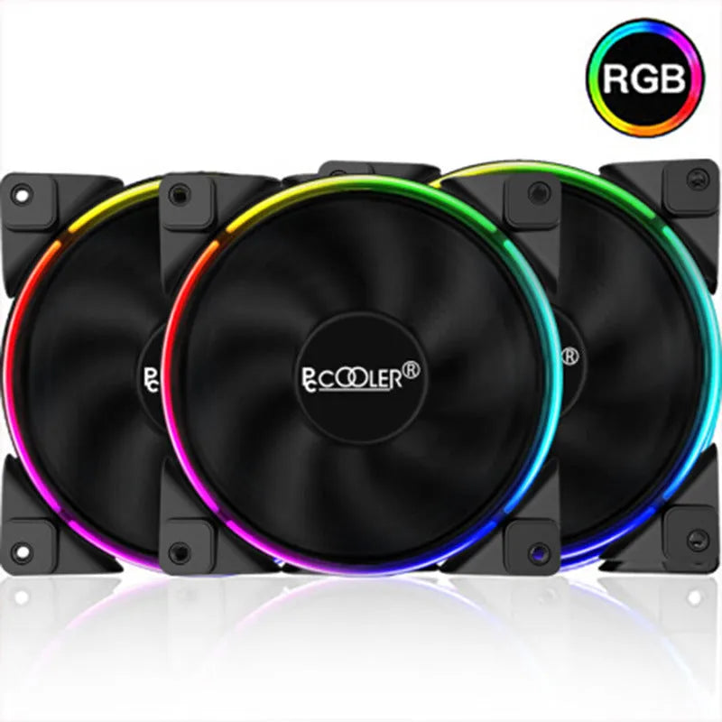 Three 120mm black PC chassis fans with RGB lighting, showing fan blades and hydraulic bearing construction
