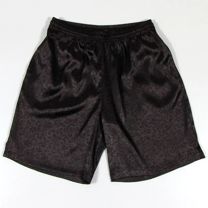 Men's black Tang suit style shorts with an elasticated drawstring waistband.