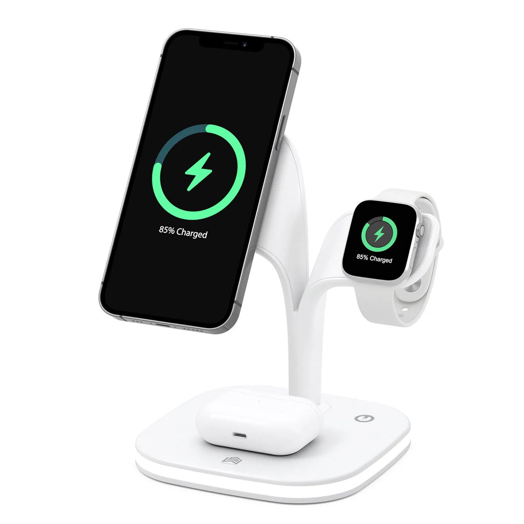 3-in-1 wireless charger stand for phone watch headphone in black on desk