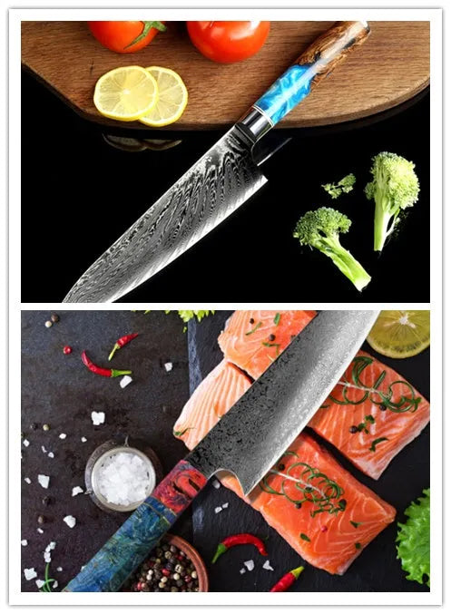 Eight-piece kitchen knife set with chef knife and specialty knives plus two additional standalone knives on a kitchen counter.