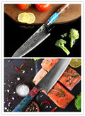 Eight-piece kitchen knife set with chef knife and specialty knives plus two additional standalone knives on a kitchen counter.