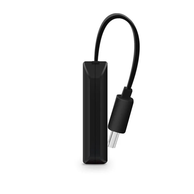 Black USB HDMI dongle for smartphone screen mirroring to television.