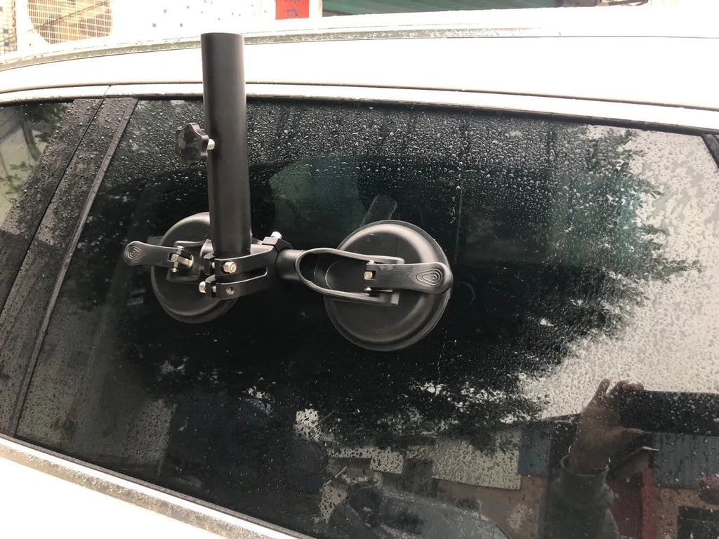 Black car sucker base with round suction cup for off-road flagpole mounting on vehicle windscreen