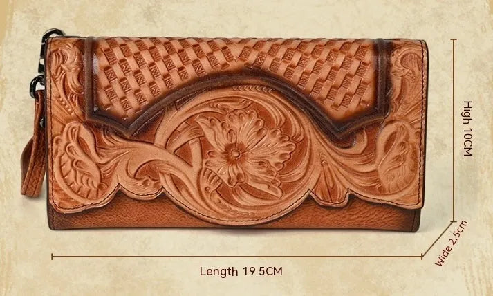 Brown genuine leather women's tri-fold wallet with embossed floral pattern showing interior compartments