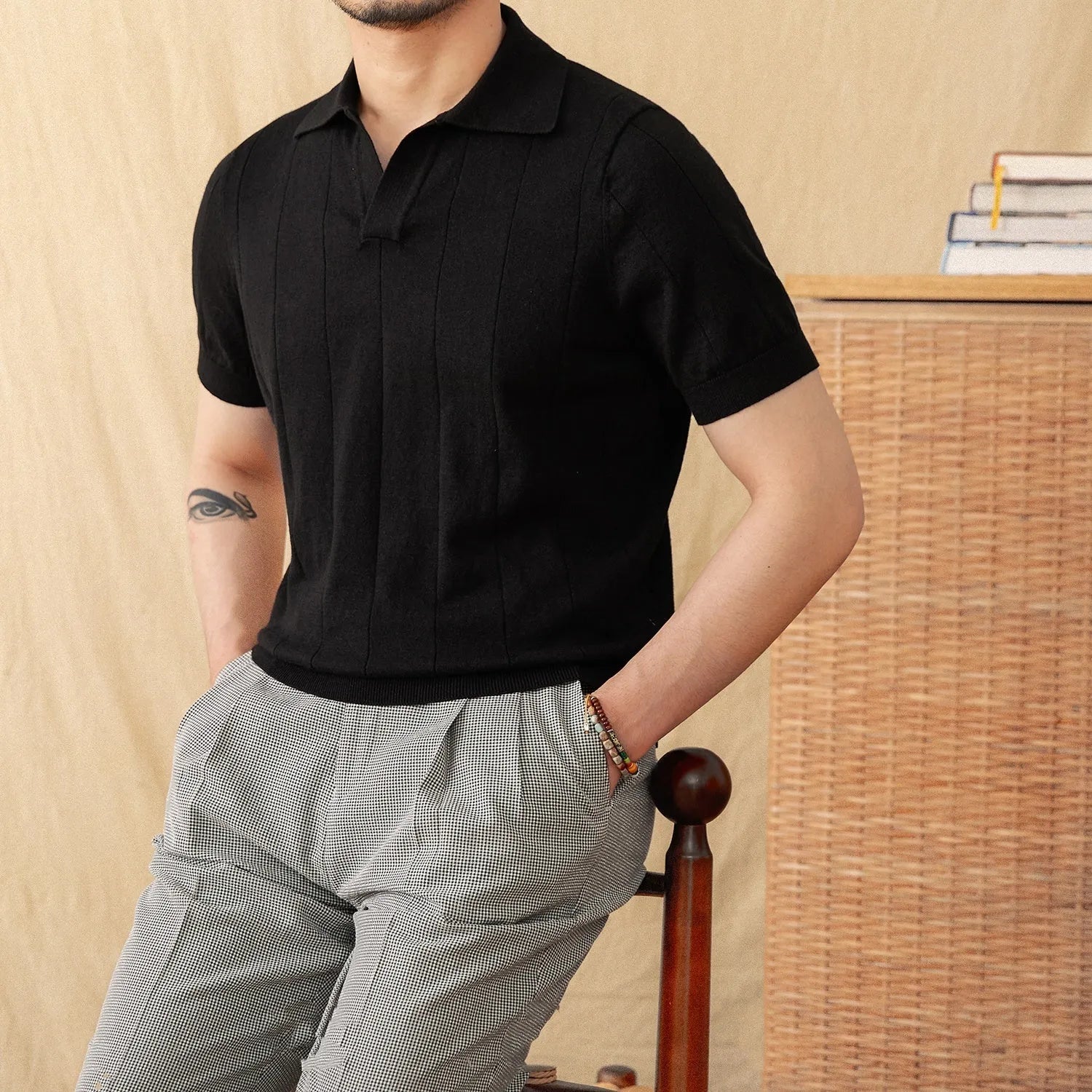 Cotton and linen knitted short sleeve polo top with seagull collar in black, white, purple, dark blue
