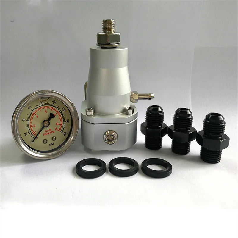 Black CNC aluminium fuel pressure regulator with adjustment port and fittings