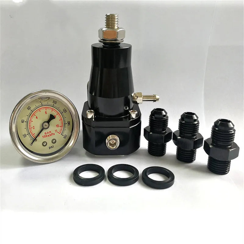 Black CNC aluminium fuel pressure regulator with adjustment port and fittings
