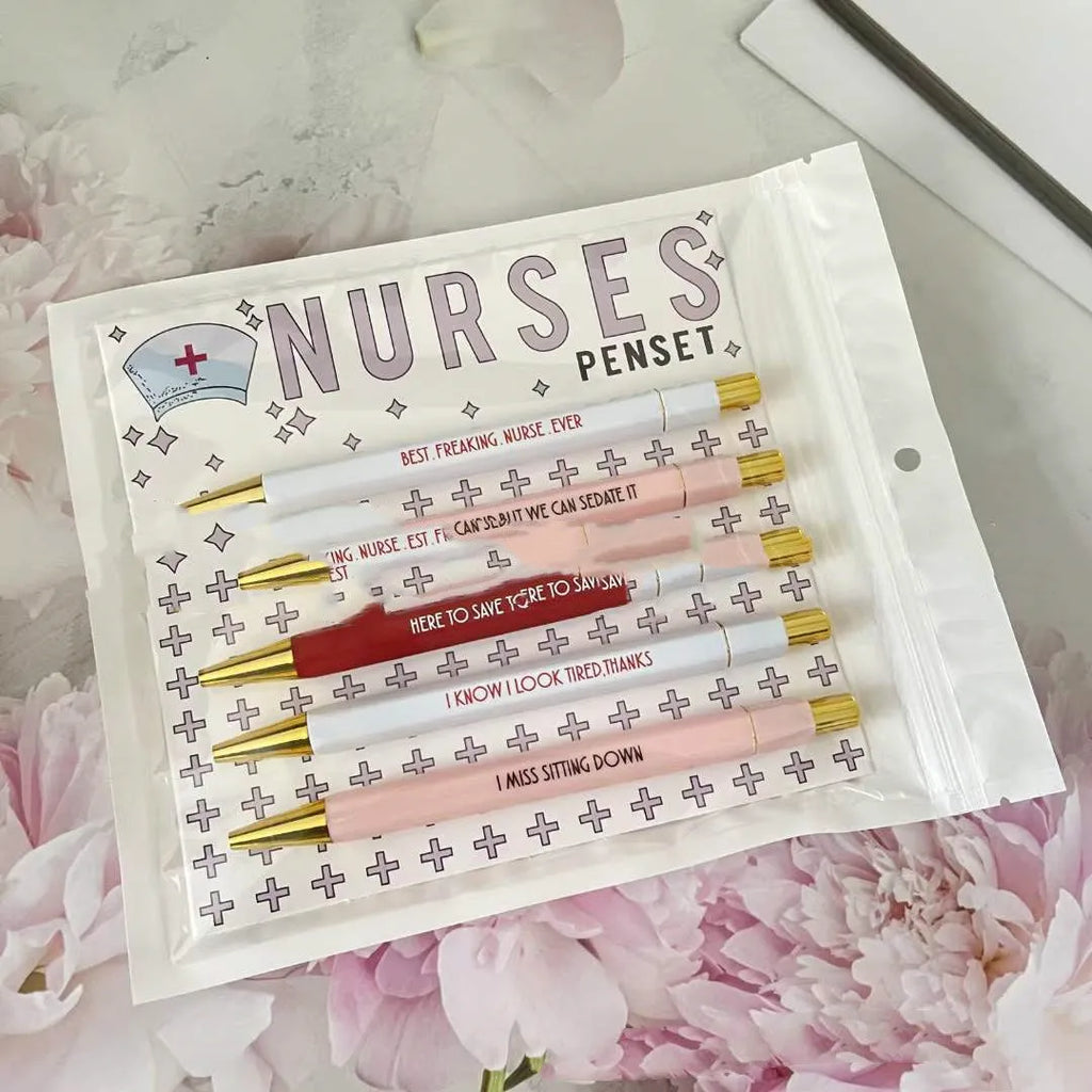 Five plastic retractable ballpoint pens with nurse theme copywriting design, each 14cm long
