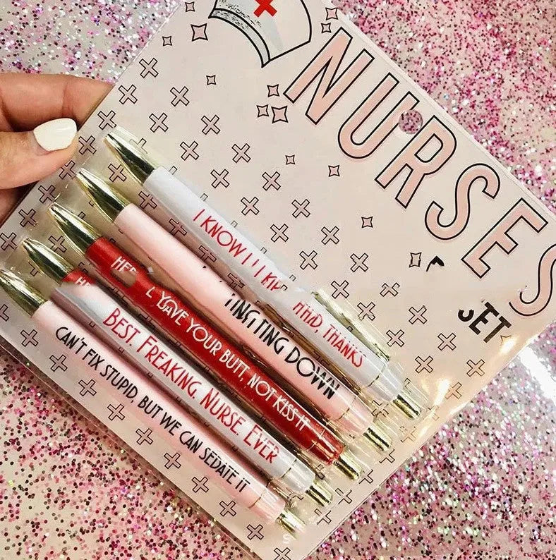 Five plastic retractable ballpoint pens with nurse theme copywriting design, each 14cm long