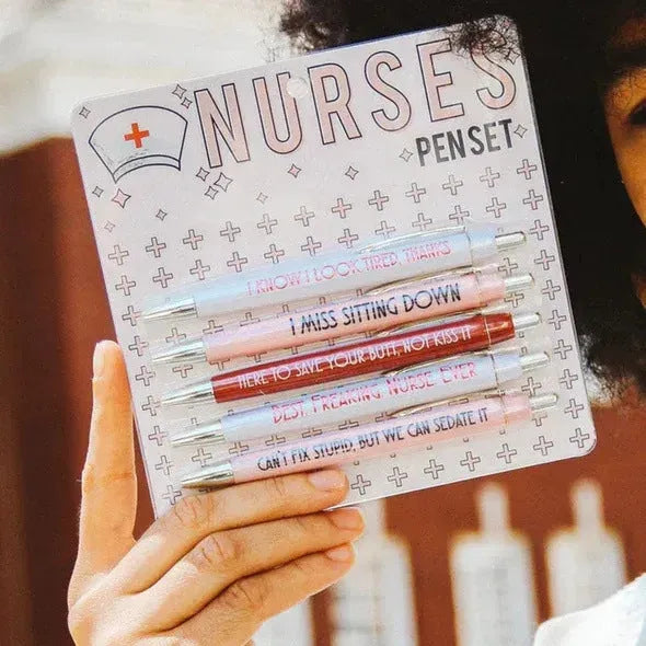 Five plastic retractable ballpoint pens with nurse theme copywriting design, each 14cm long