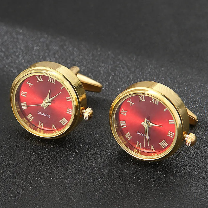 Men's light luxury clock cufflinks with rotatable golden face, 18K steel, 2.2cm diameter, on a white surface
