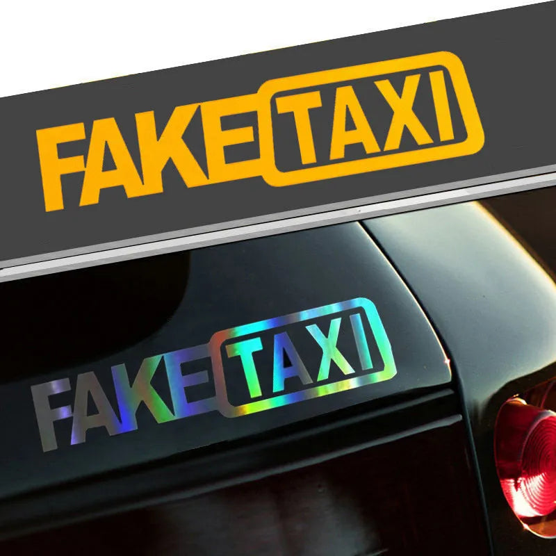 FAKE TAXI car warning sticker in yellow, black, and white colour options, shown at 20cm by 8cm size.
