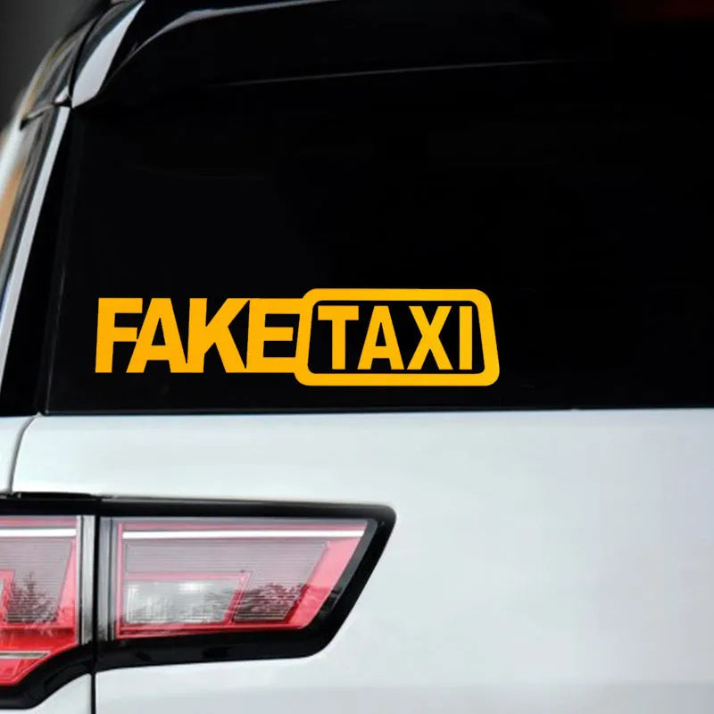 FAKE TAXI car warning sticker in yellow, black, and white colour options, shown at 20cm by 8cm size.