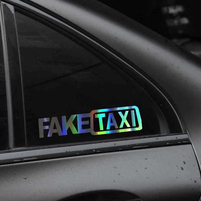 FAKE TAXI car warning sticker in yellow, black, and white colour options, shown at 20cm by 8cm size.