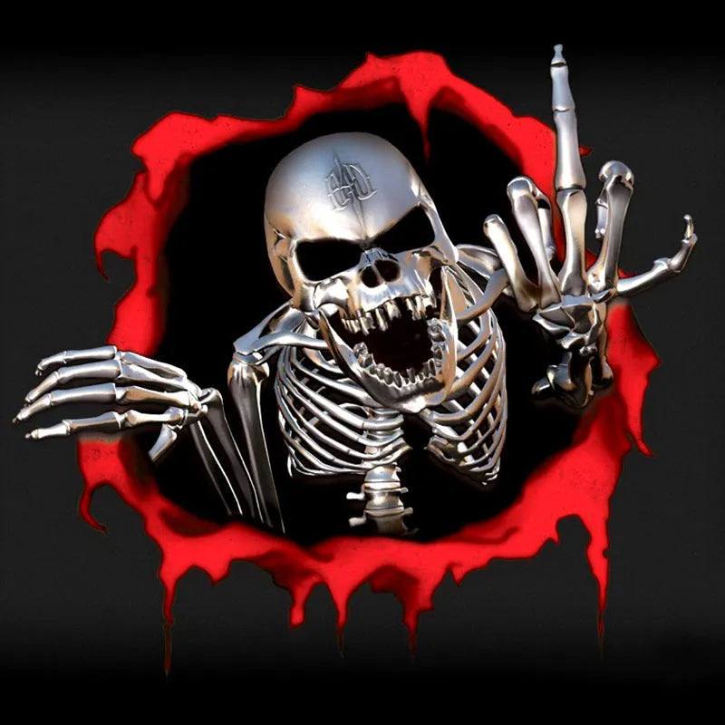 Reflective colourful metal skull car sticker measuring 15 by 14 centimetres